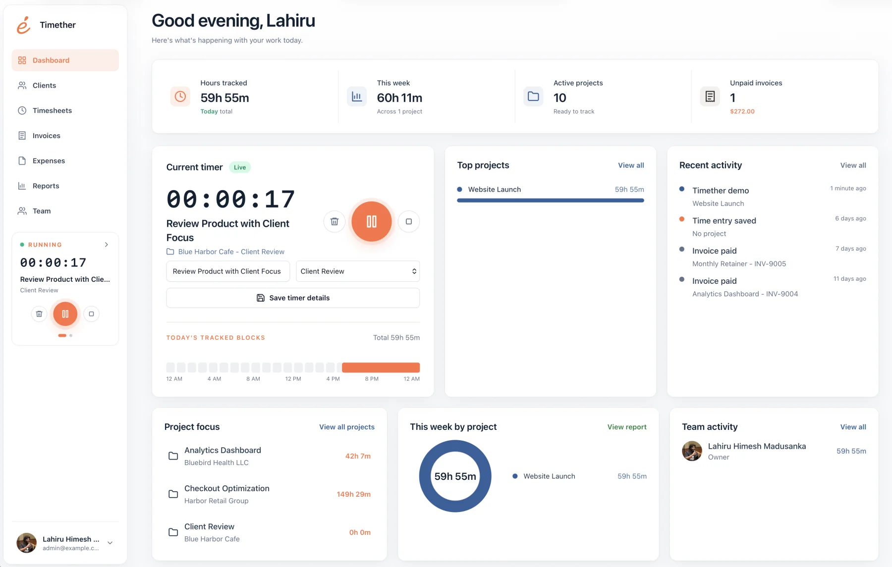 Timether dashboard showing active timer, tracked hours, projects, invoices, and recent activity